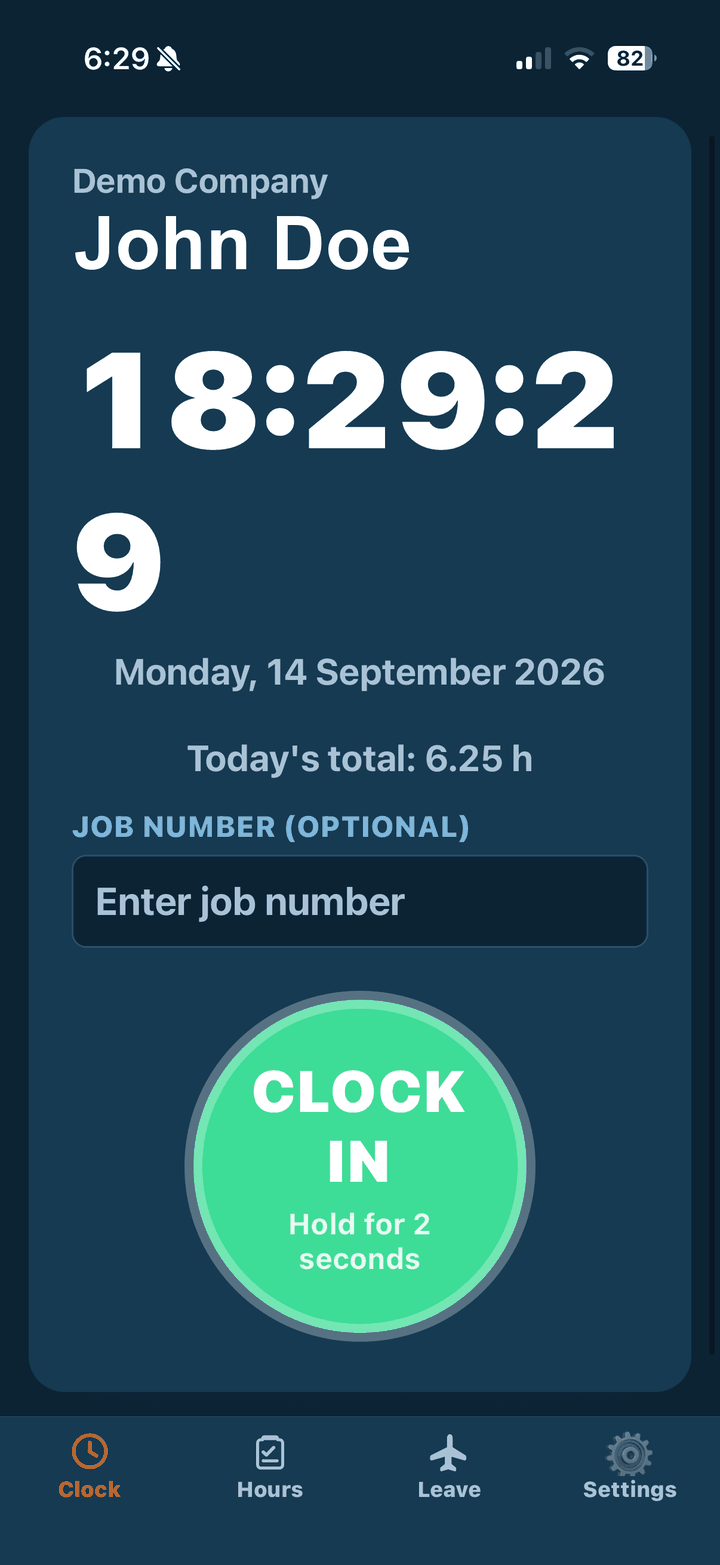 ImOnSite app clock-in screen