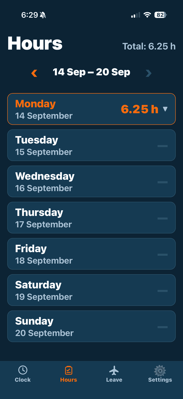 ImOnSite app hours screen