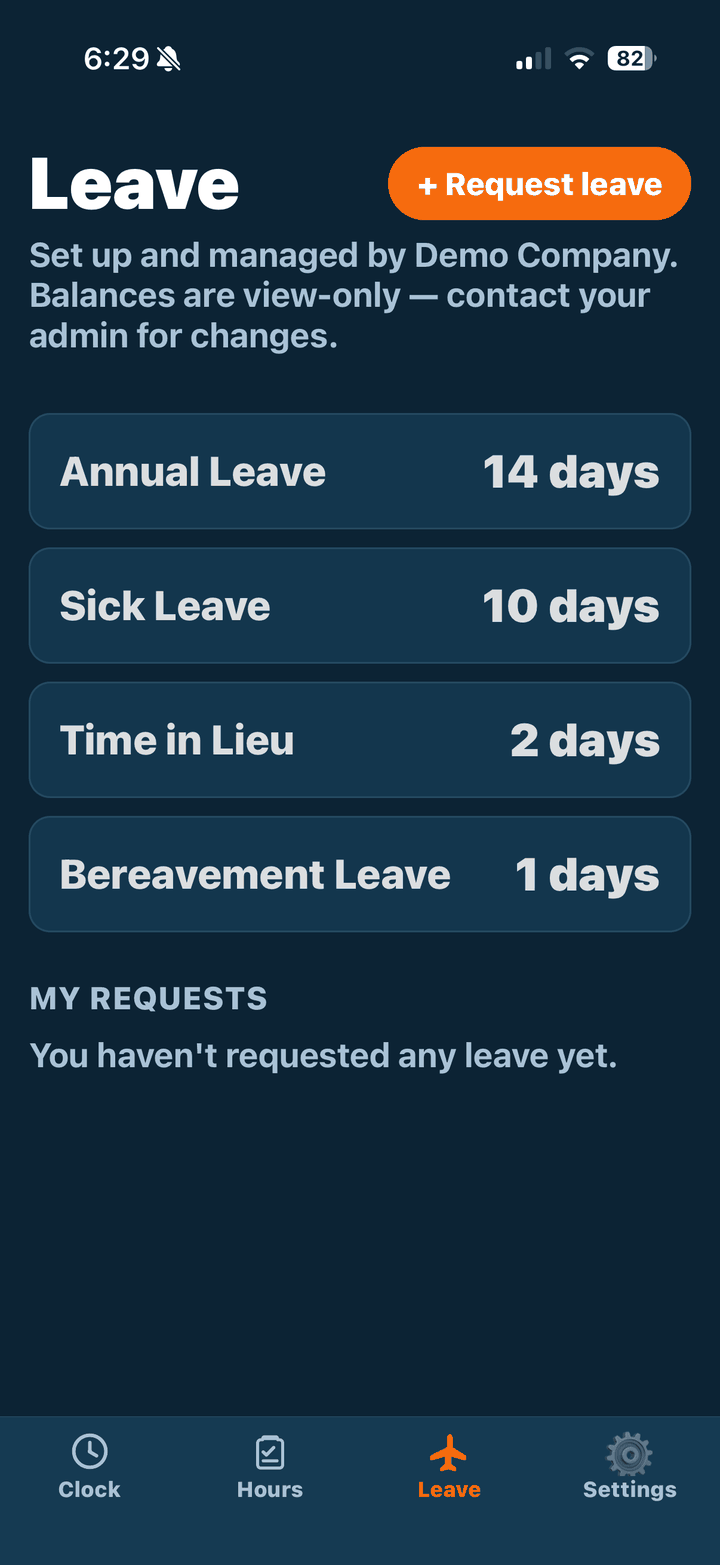 ImOnSite app leave balances screen