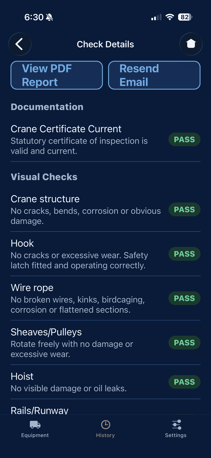 RIG360 app showing a pre-start check with pass results