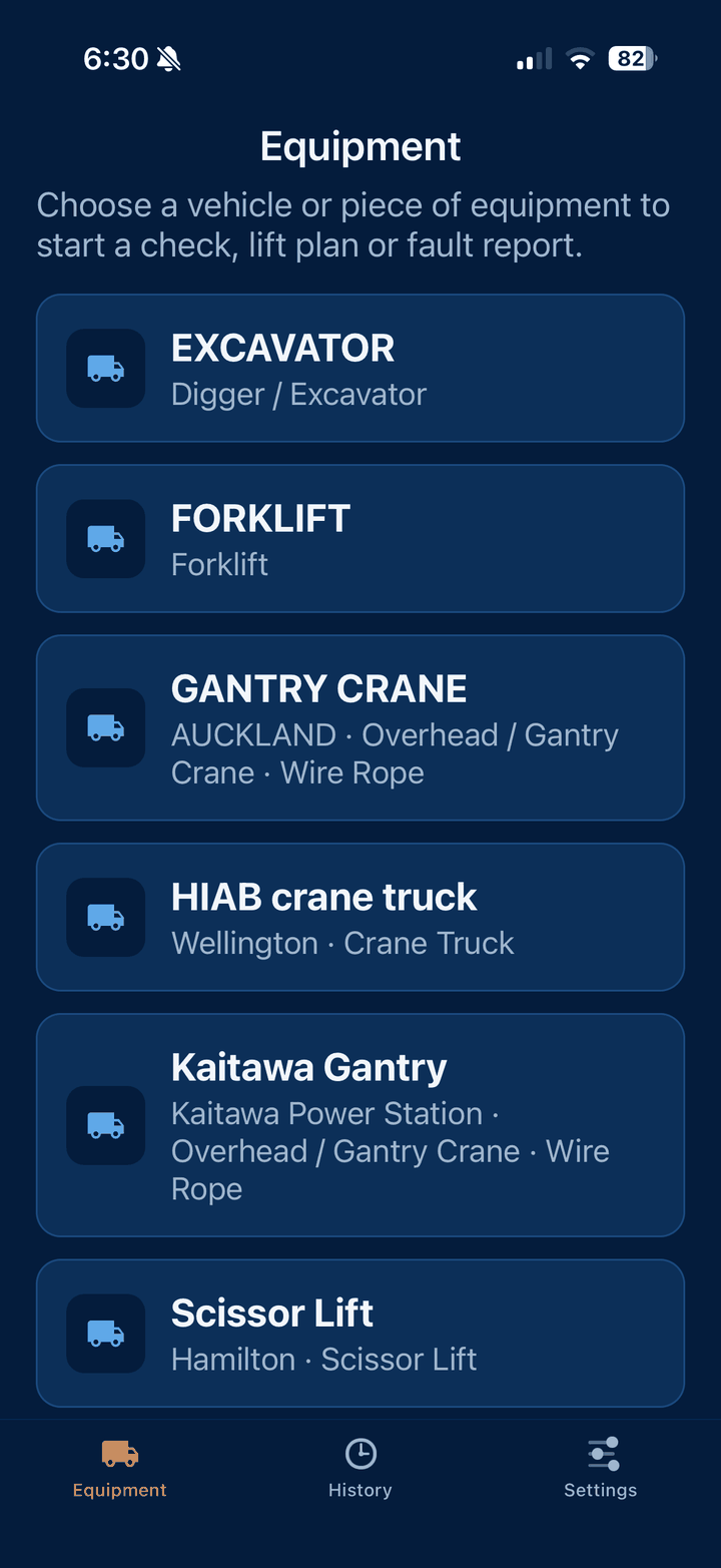 RIG360 app equipment selection screen