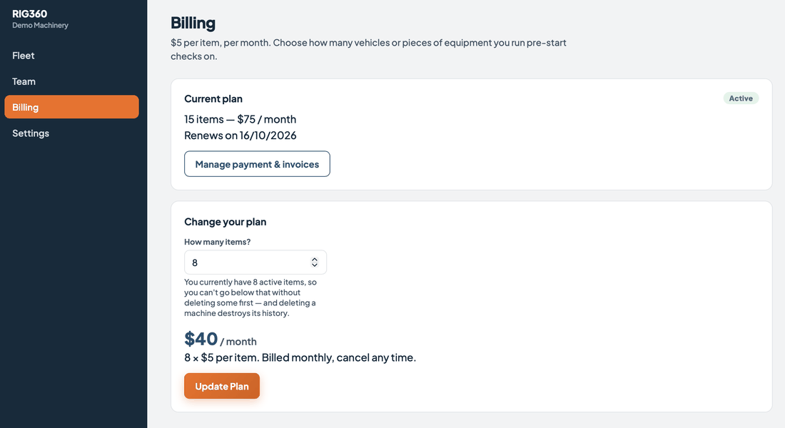 RIG360 admin dashboard Billing page showing simple per-item pricing