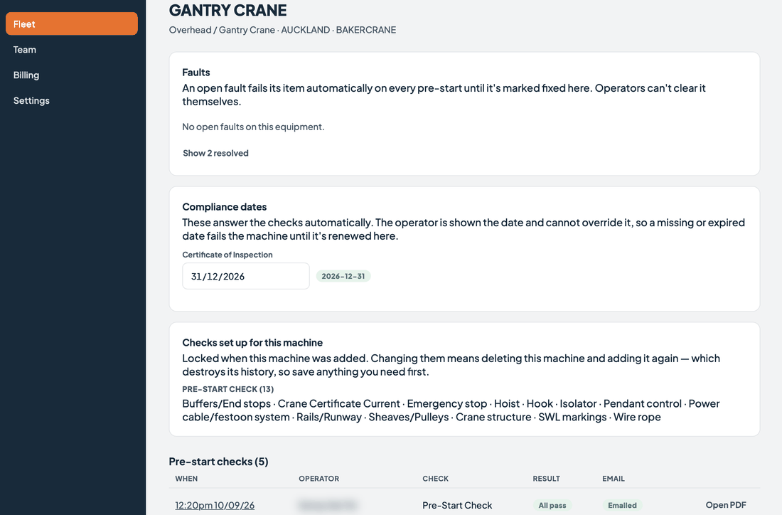 RIG360 admin dashboard equipment detail page showing compliance dates and check history